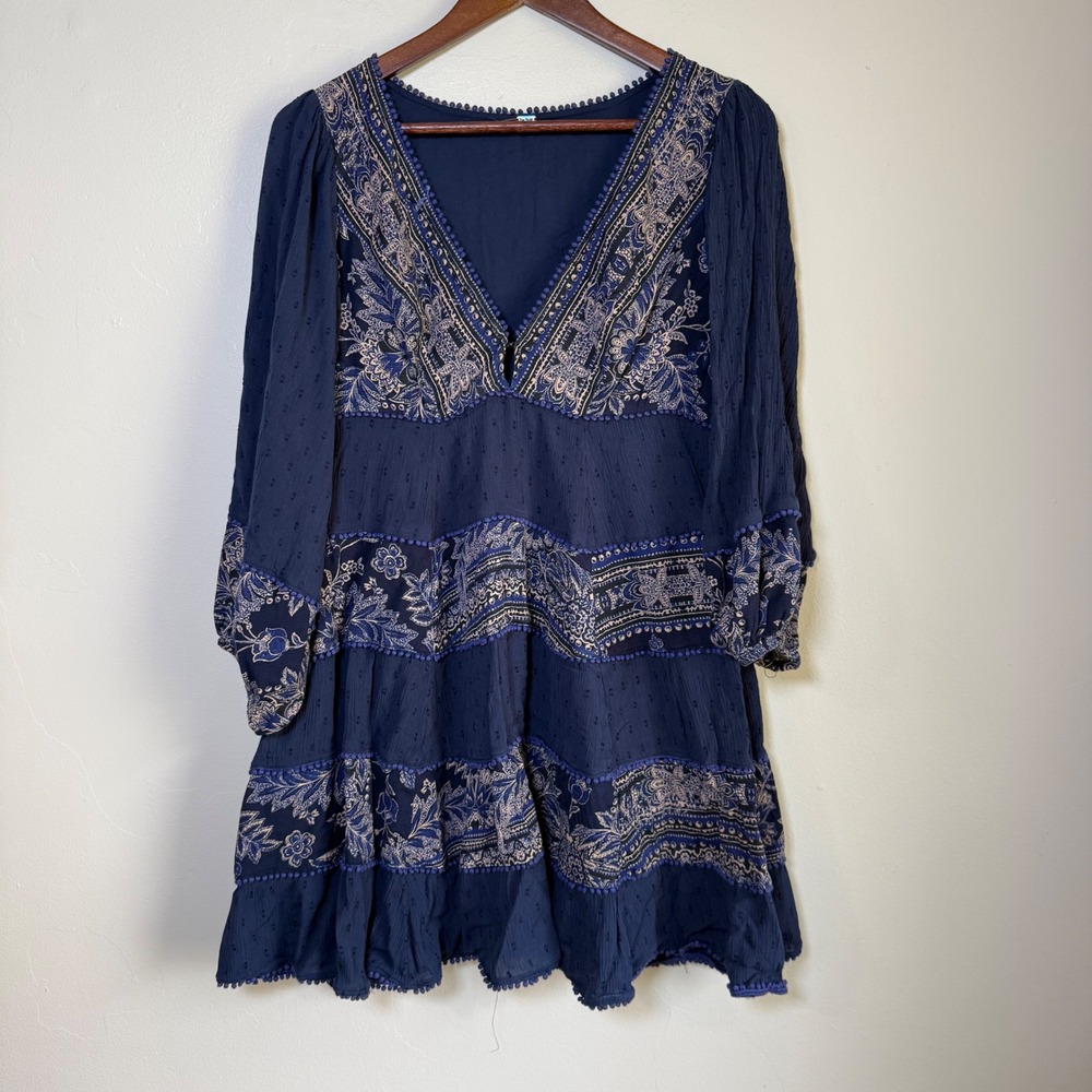 Free People Rare Feeling Boho Floral Pom Pom Tiered Mini Dress Size S Navy Blue